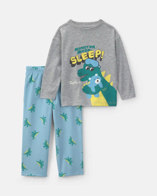 Toddler Boy 'Sleep!' Dinosaur Fleece Loose Fit 2-Piece Pajama Set - Grey/Blue