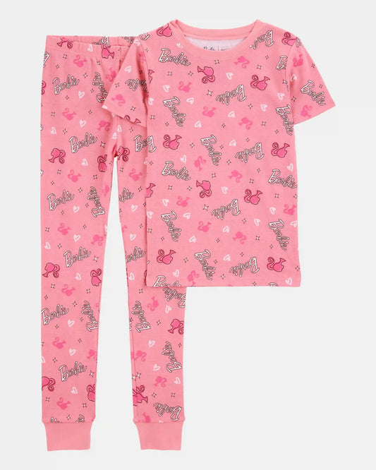 Girls Barbie Snug Fit Cotton 2-Piece Pajamas - Pink