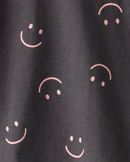 Girls Smiley Face Print Long-Sleeve Top - Black