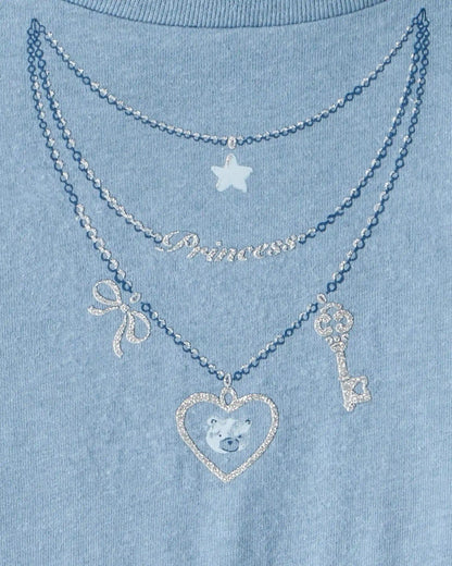 Girls Charm Necklace Long-Sleeve Graphic Tee - Blue
