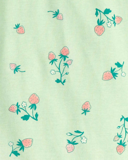 Girls Strawberry 100% Cotton Snug Fit 4-Piece Pajama Set - Green/Pink