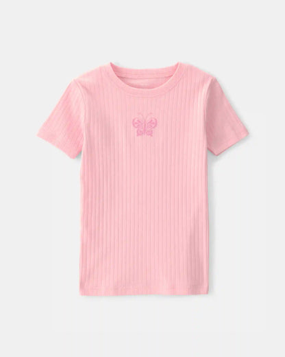 Girls Butterfly Rib Snug Fit 2-Piece Pajama Set - Pink