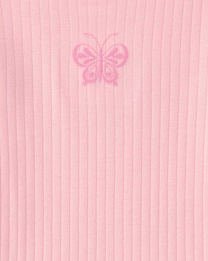 Girls Butterfly Rib Snug Fit 2-Piece Pajama Set - Pink