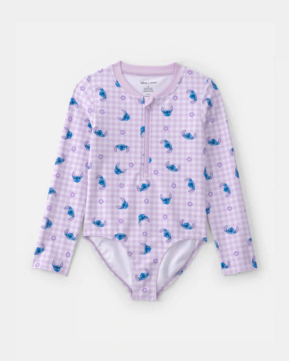 Girls Disney© Lilo & Stitch Gingham 1-Piece Rashguard Swimsuit - Purple/Blue