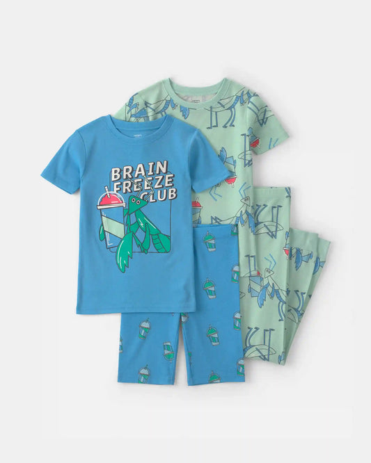 Boys 'Brain Freeze Club' 100% Cotton 4-Piece Pajama Set - Blue/Green