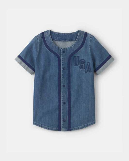 Boys 'USA' Denim Short-Sleeve Button-Down Shirt - Medium Wash