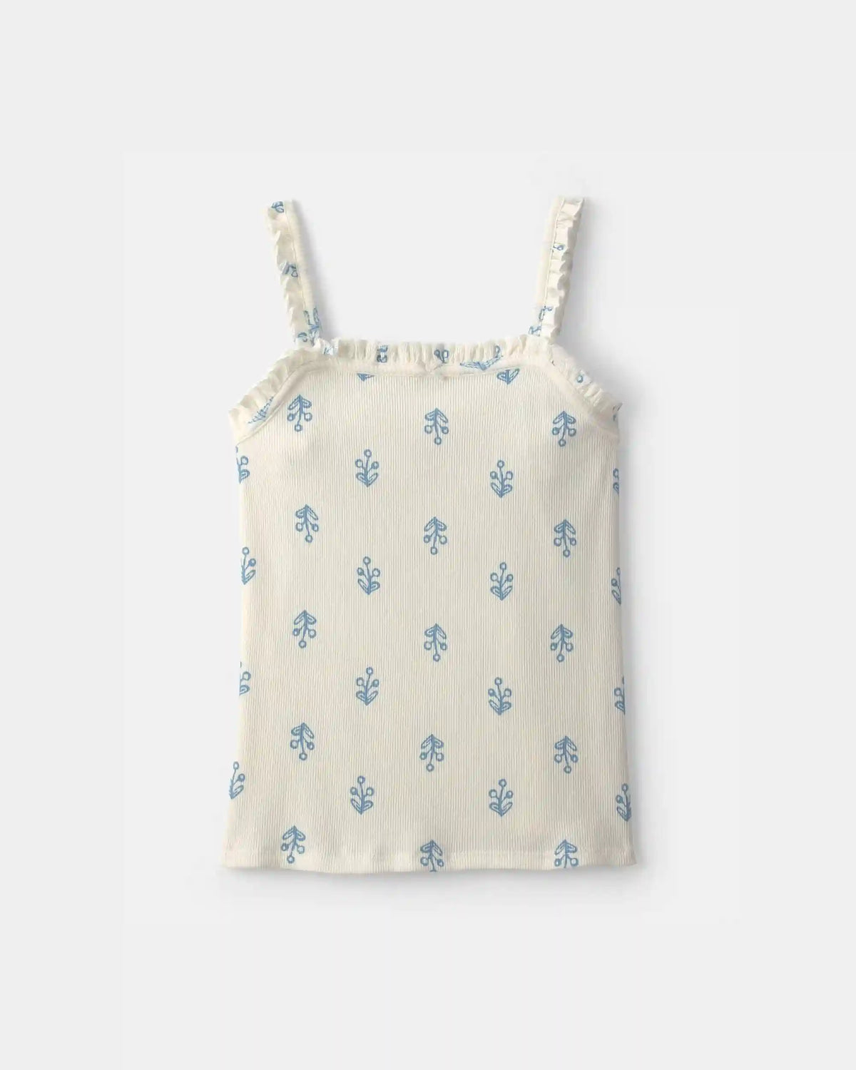 Girls Floral Ribbed Ruffle Tank - Ivory