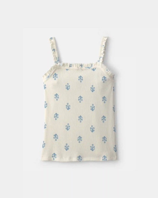 Girls Floral Ribbed Ruffle Tank - Ivory