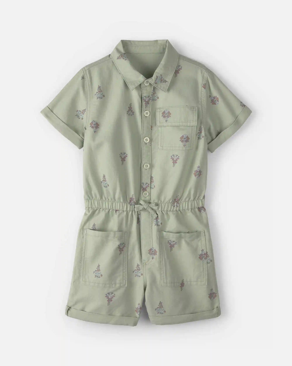 Girls Floral Cargo Romper - Green