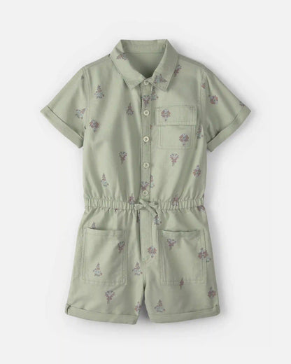 Girls Floral Cargo Romper - Green