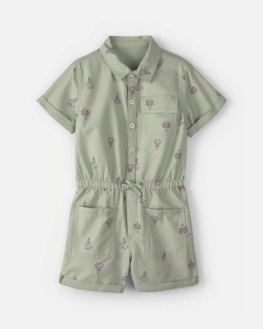 Girls Floral Cargo Romper - Green