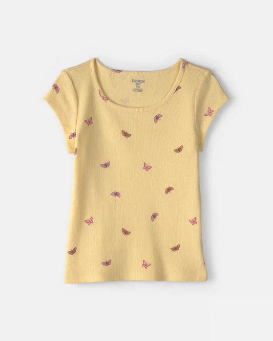 Girls Butterfly Ribbed Top - Yellow