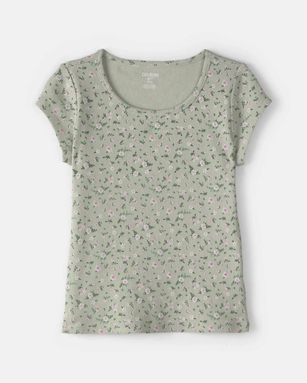 Girls Floral Ribbed Top - Green