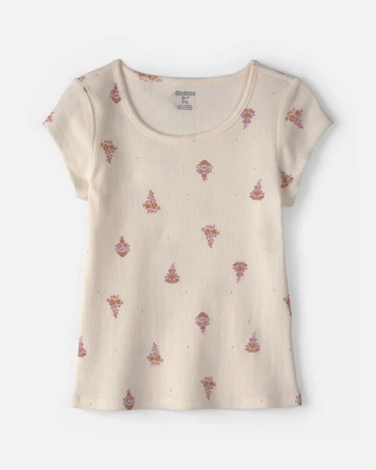 Girls Floral Ribbed Top - Cream