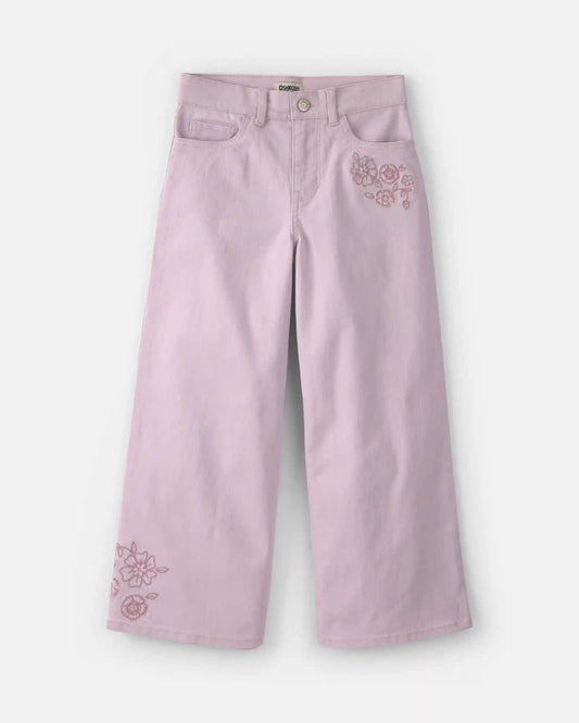 Girls Floral Embroidered Cropped Wide-Leg Pants - Purple