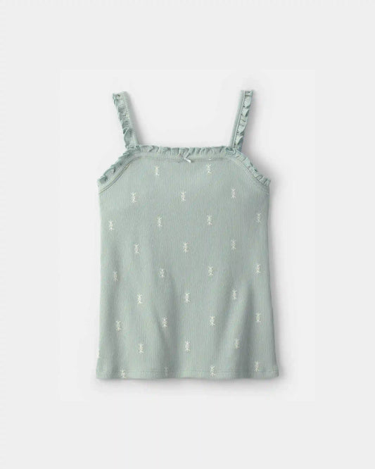 Girls Floral Ribbed Ruffle Tank - Green