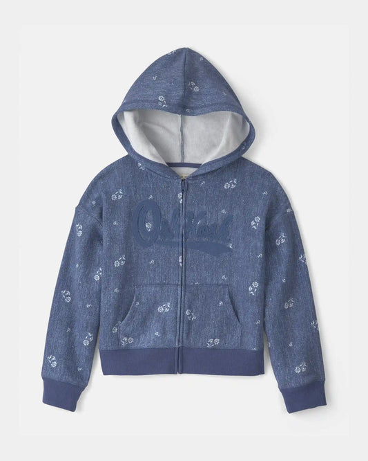 Girls Floral OshKosh Logo Zip-Up Hoodie - Blue