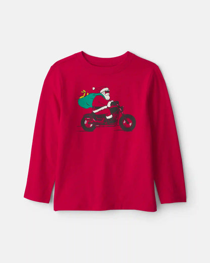 Boys Santa Motorcycle Long-Sleeve Graphic Tee - Red