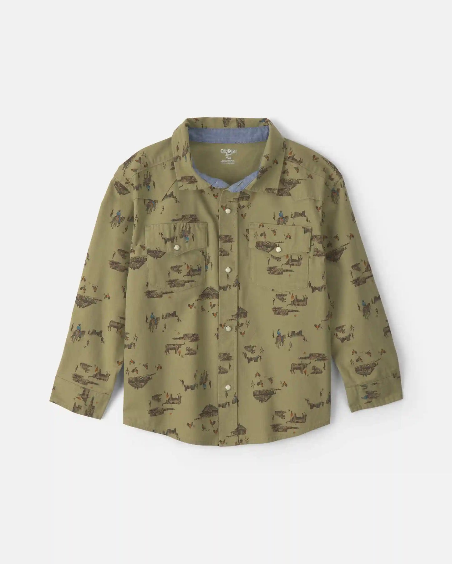 Boys Western Canvas Button-Down Shirt - Olive Green