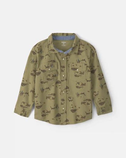 Boys Western Canvas Button-Down Shirt - Olive Green