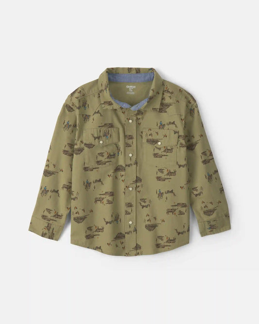 Boys Western Canvas Button-Down Shirt - Olive Green