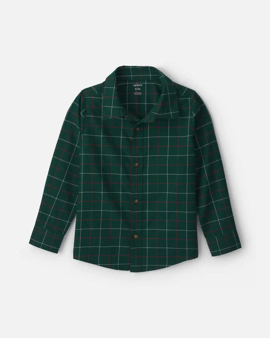 Boys Plaid Long-Sleeve Button-Down Shirt - Green