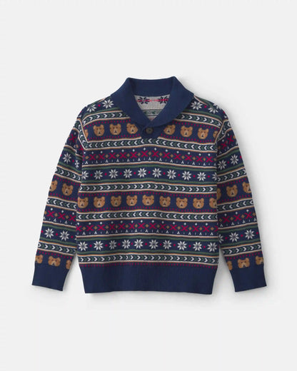 Boys Bear Fair Isle Sweater - Navy Blue