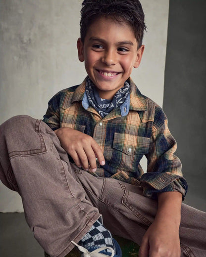 Boys Plaid Long-Sleeve Button-Down Shirt - Brown
