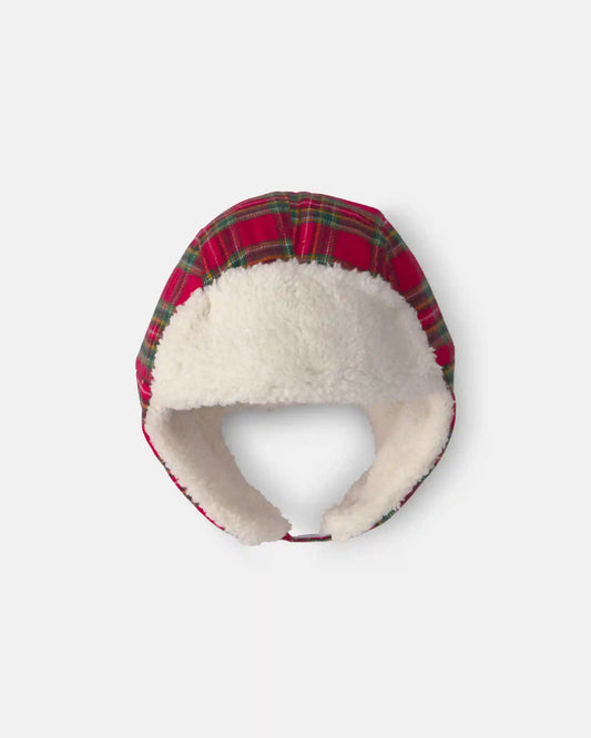 Boys Christmas Plaid Flannel Teddy Fleece Hat - Red