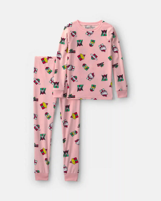 Girls 2-Piece Hello Kitty Heart Christmas DreamPlush Snug Fit Pajama Set - Pink