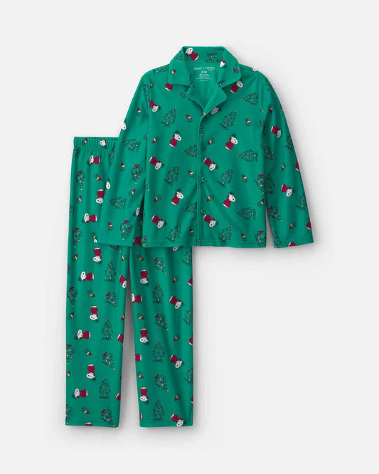Kids 2-Piece Snoopy Christmas Fleece Loose Fit Pajama Set - Green