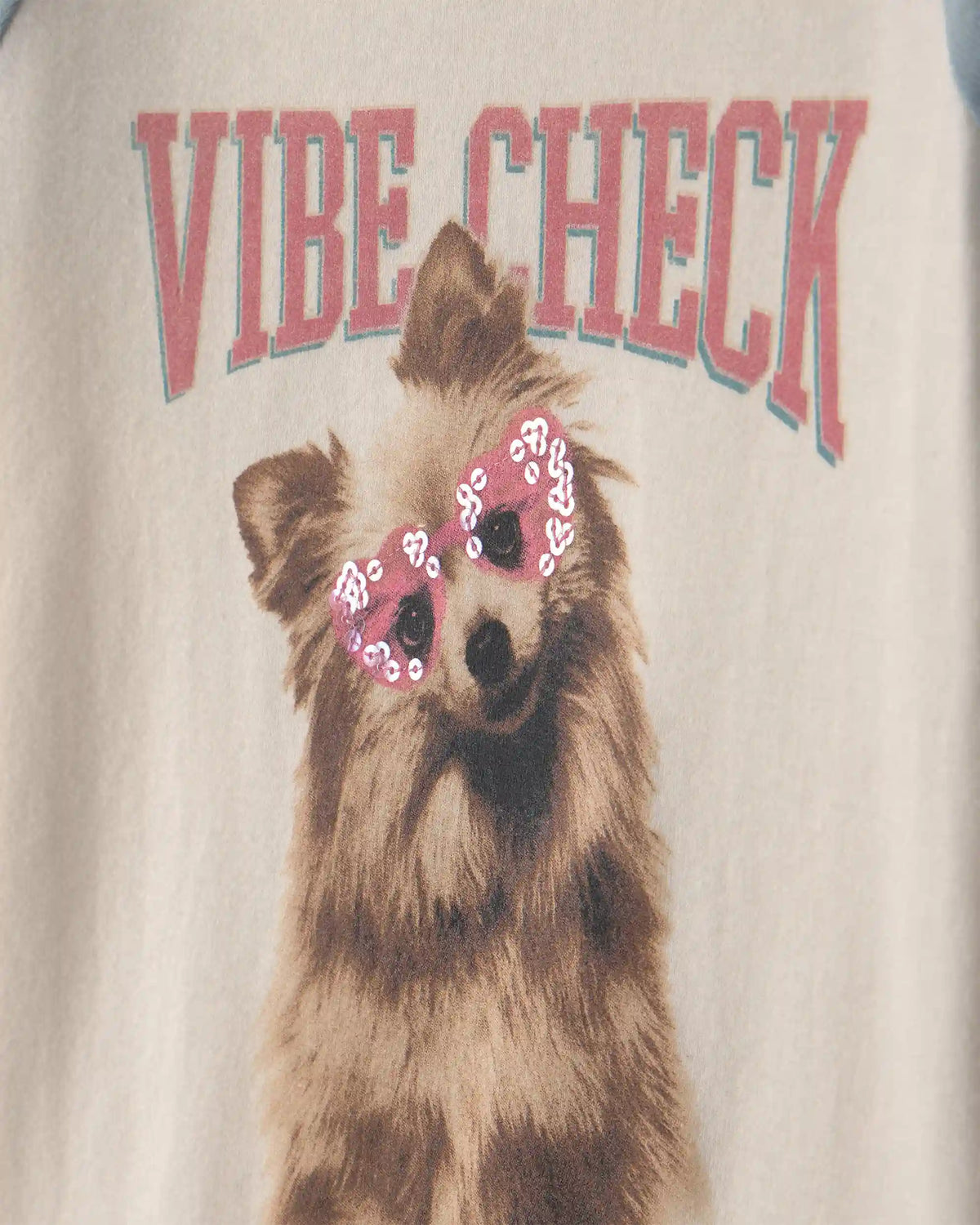 Girls 'Vibe Check' Dog Graphic Tee - Cream/Blue