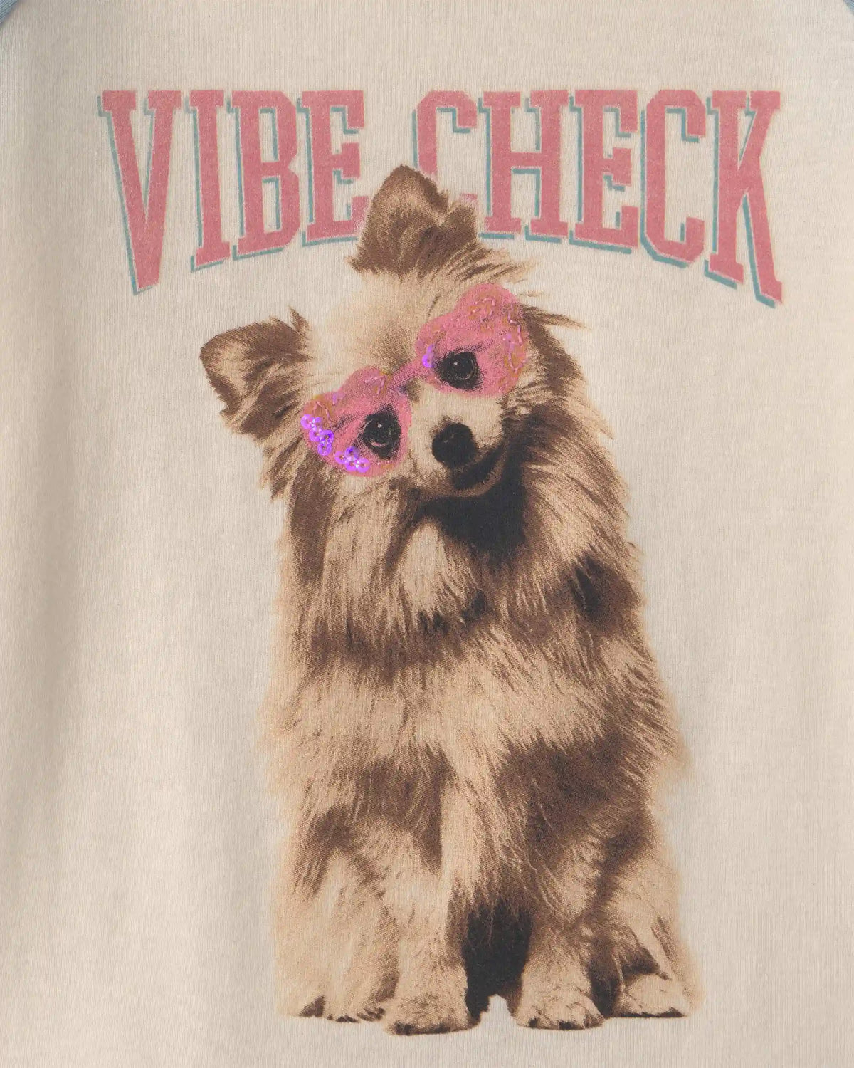 Girls 'Vibe Check' Dog Graphic Tee - Cream/Blue
