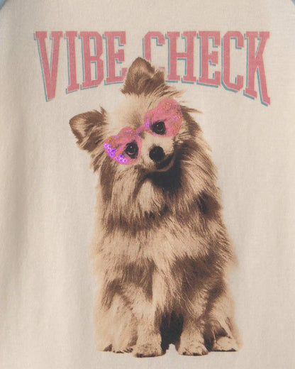 Girls 'Vibe Check' Dog Graphic Tee - Cream/Blue