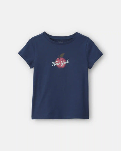Girls 'New York' Apple Graphic Tee - Navy Blue