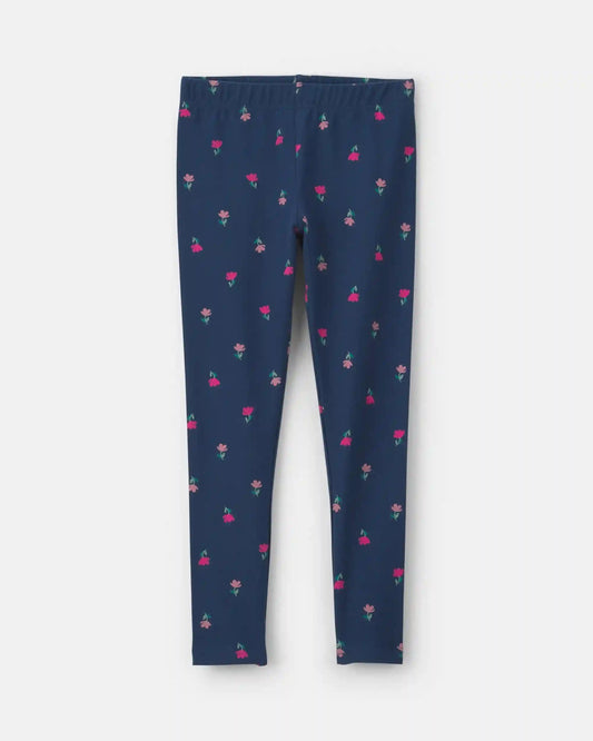 Girls Floral Pull-On Stretch Leggings - Navy Blue