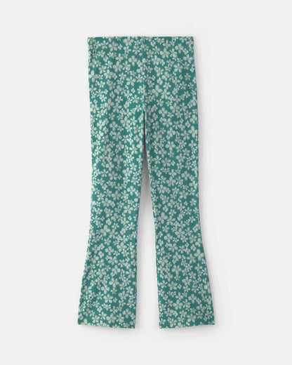 Girls Floral Cotton Pull-On Stretch Flare Leggings - Green