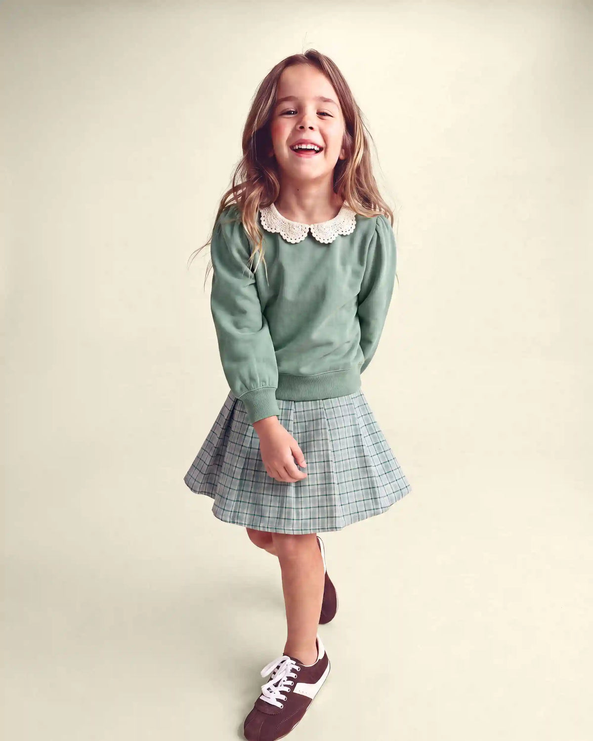 Girls Floral Collar French Terry Pullover Sweatshirt - Green