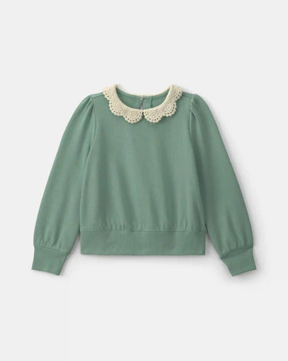 Girls Floral Collar French Terry Pullover Sweatshirt - Green