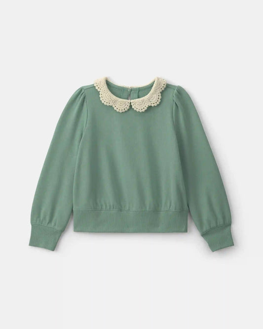 Girls Floral Collar French Terry Pullover Sweatshirt - Green