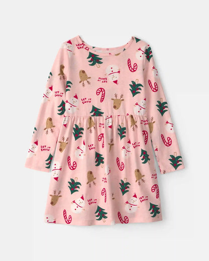 Girls Christmas Long-Sleeve Dress - Pink