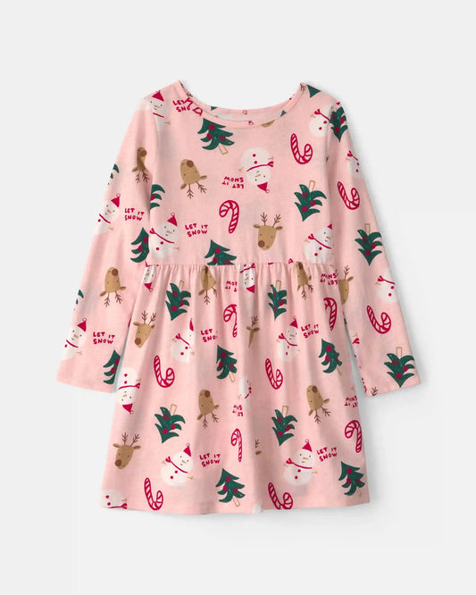 Girls Christmas Long-Sleeve Dress - Pink