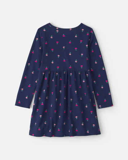 Girls Floral Long-Sleeve Dress - Navy Blue