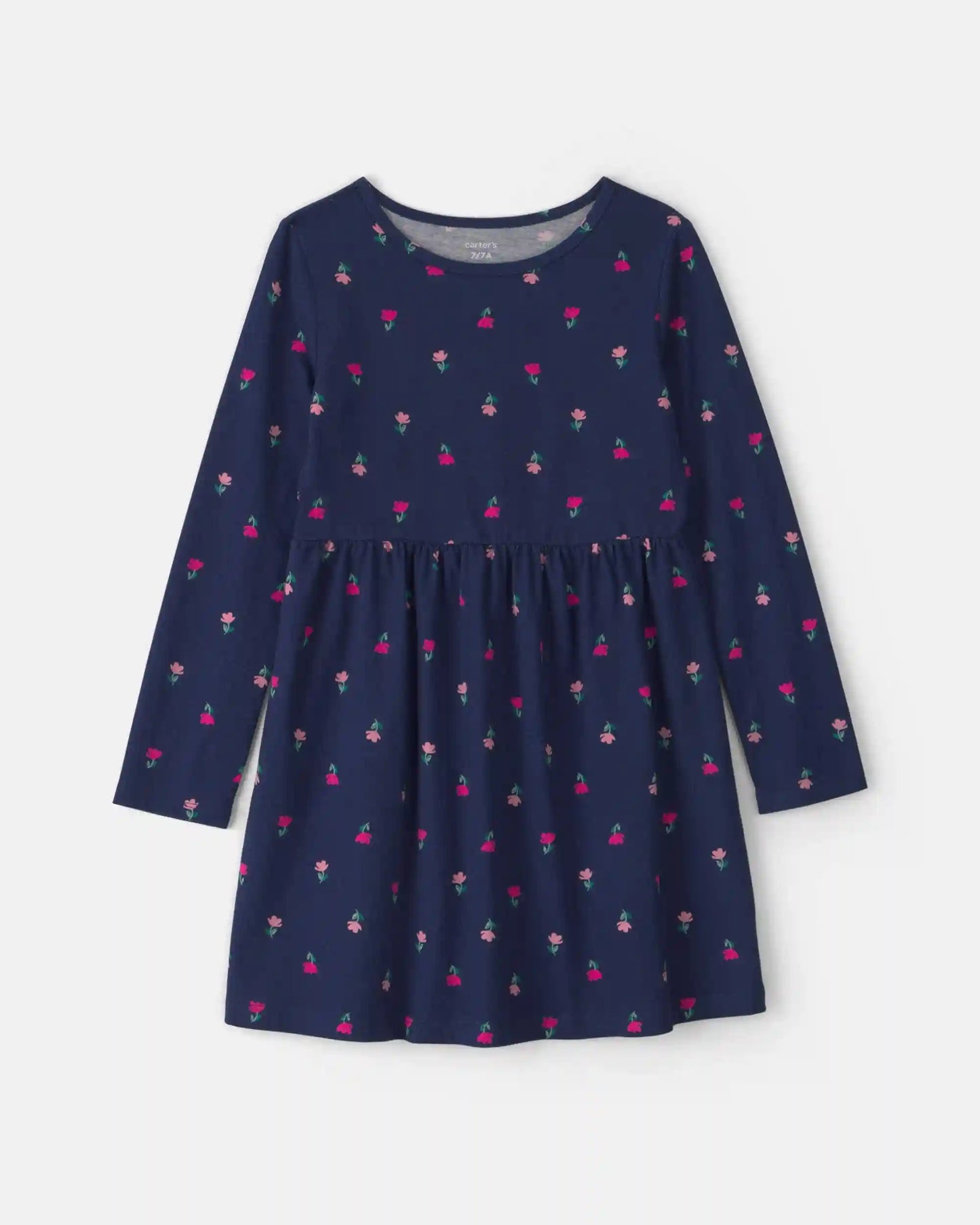 Girls Floral Long-Sleeve Dress - Navy Blue