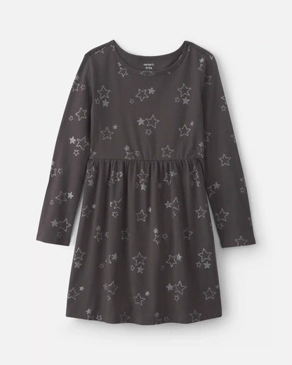 Girls Stars Long-Sleeve Dress - Grey