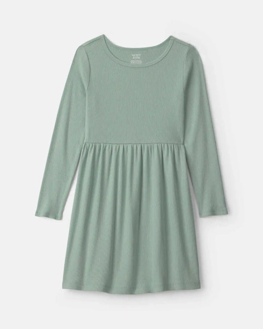 Girls Rib Long-Sleeve Dress - Green