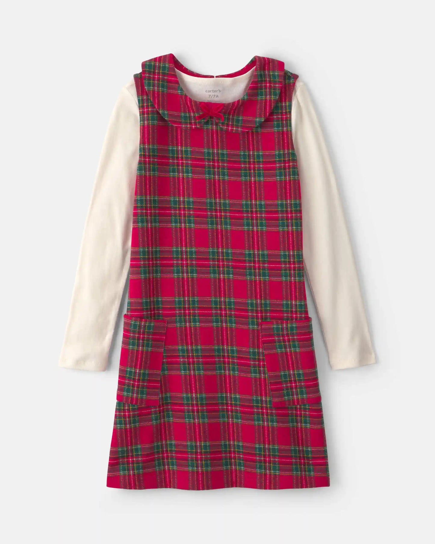 Girls 2-Piece Plaid Dress Set - Red/Cream