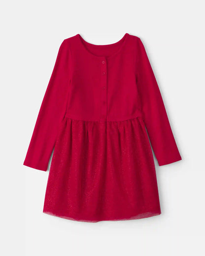 Girls Tulle Long-Sleeve Dress - Red