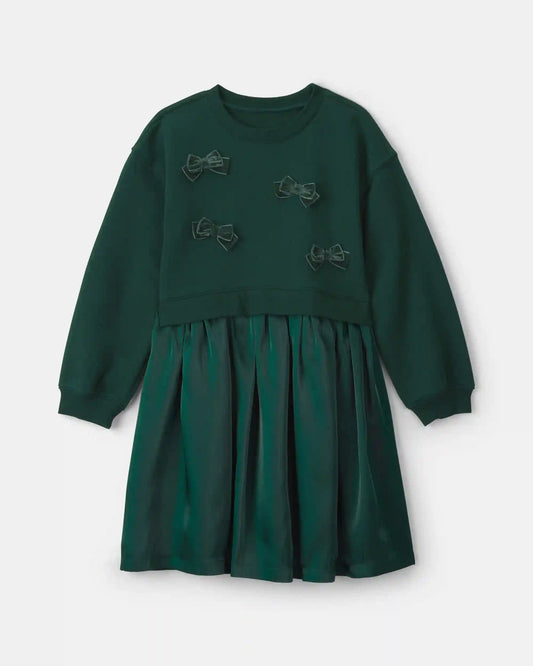 Girls Bow Layered Fleece Dress - Green