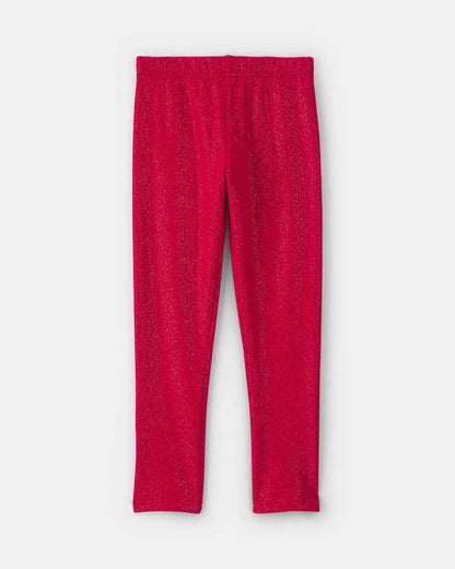 Girls Glitter Fleece Pull-On Stretch Leggings - Red